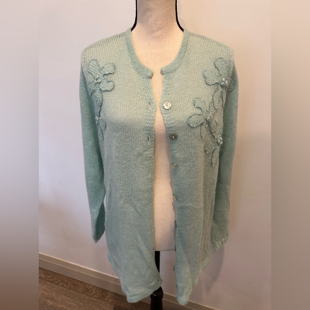 Pennington’s mohair sweater  cardigan mint green floral appliqué SZ 1X